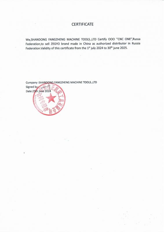 Сертификат официального дилера ZEGYO
